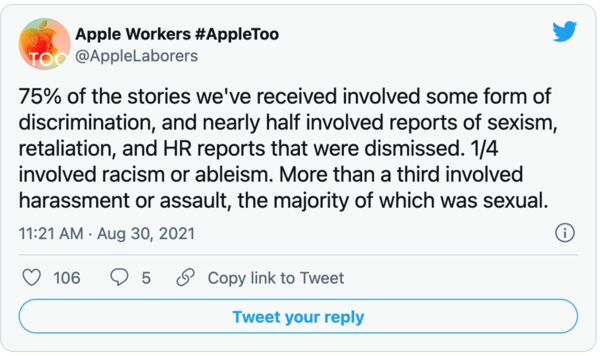 苹果员工发起Apple Too运动 要求公司保证员工权益